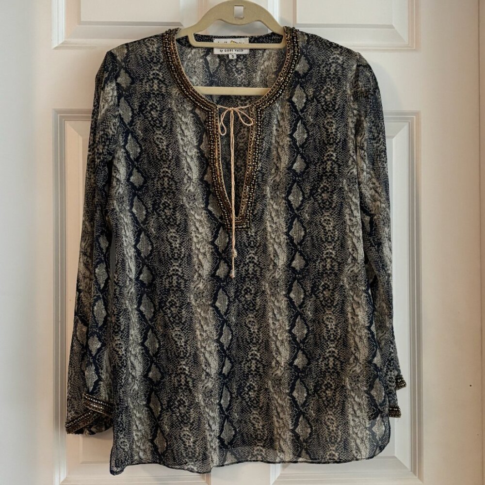 Bella Tu by Gopi Vaid Sheer Beaded Tunic Top S Snake Print Blue Resort Boho